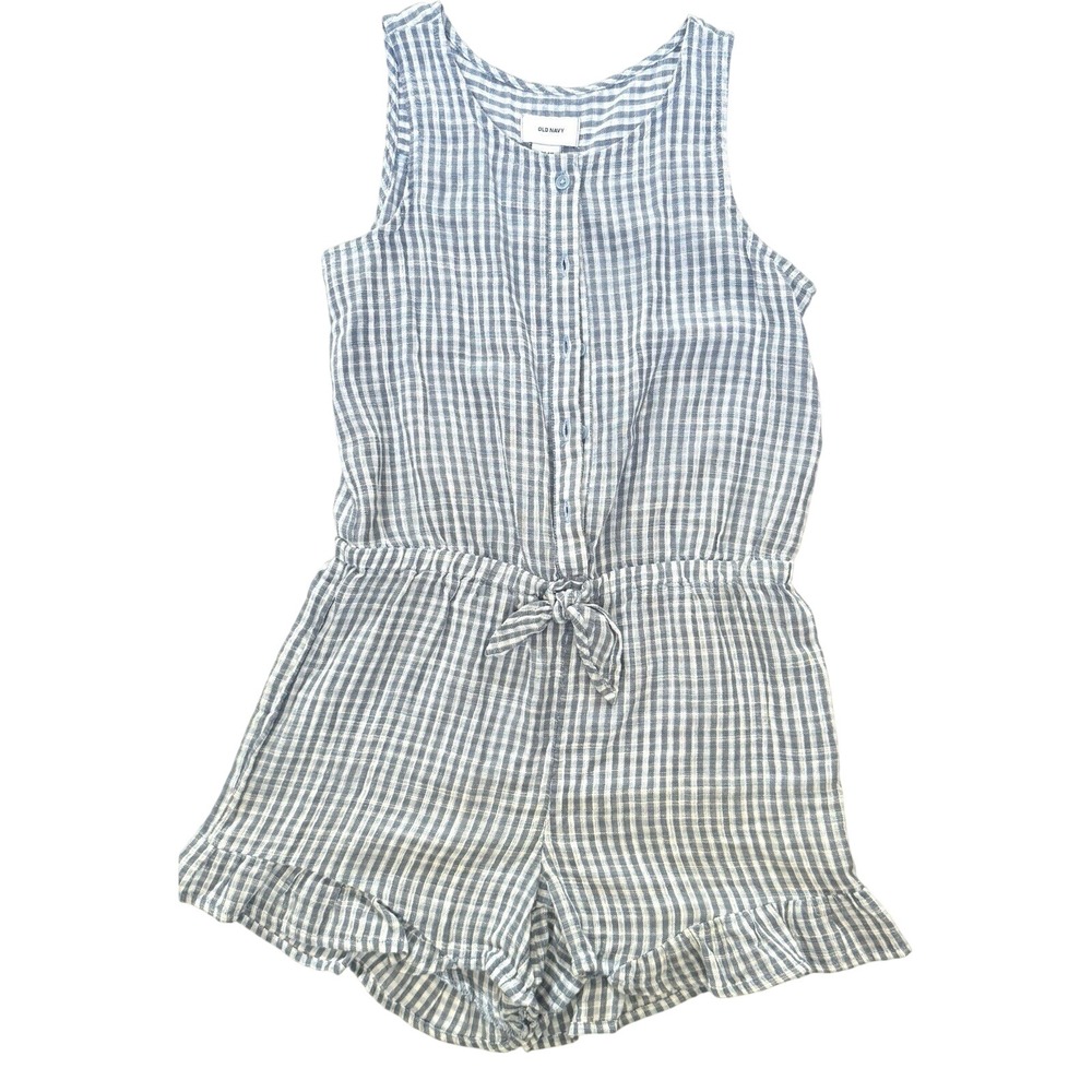 Old Navy Girls Blue White Gingham Plaid Sleeveless Romper Ruffle Hem Large 10-12